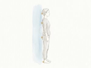 壁立ち姿勢チェック:後頭部・背中・お尻・かかとの4点が壁につく状態をやさしい水彩で表現