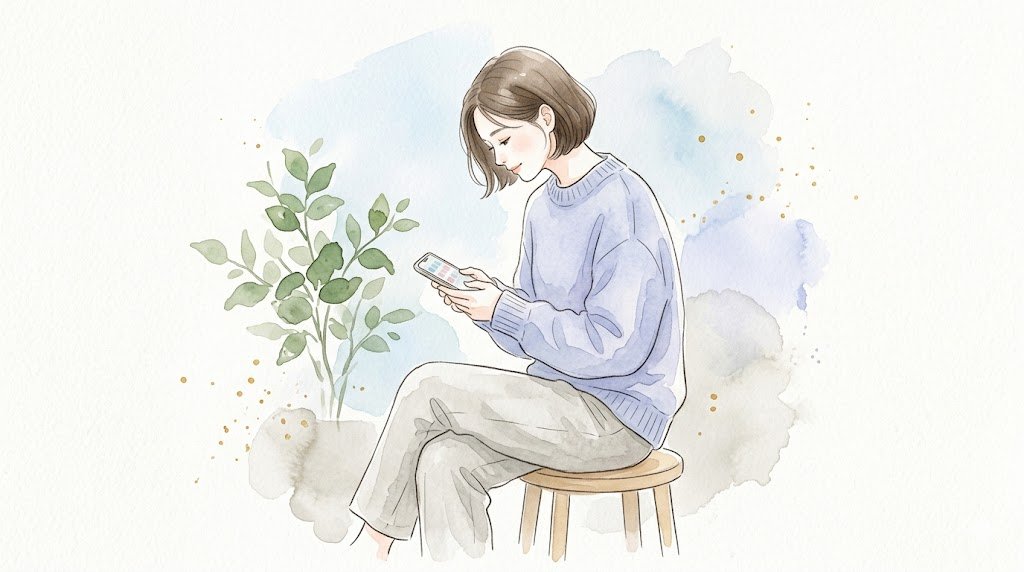 スマートフォンを見下ろす姿勢のイメージ（水彩イラスト）