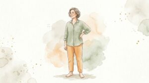 腰に手を当てて姿勢を確認する様子（水彩イラスト）