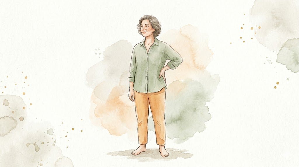 腰に手を当てて姿勢を確認する様子（水彩イラスト）