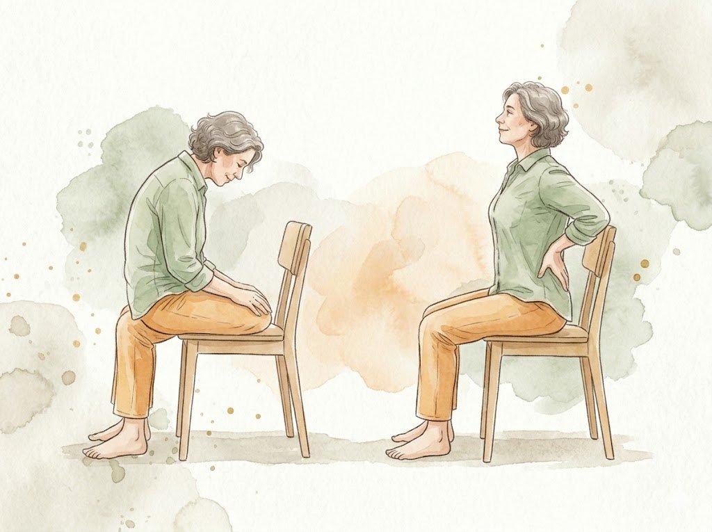 イスに座って背中を丸める・反らす動作で腰を確認するイラスト