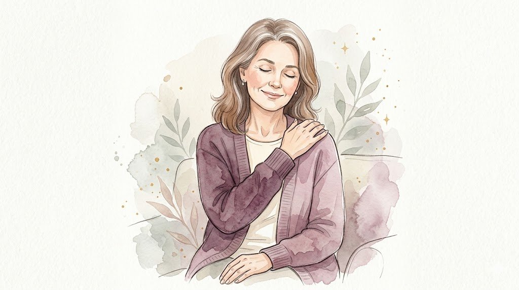 肩に手を添える中高年の様子（水彩イラスト）