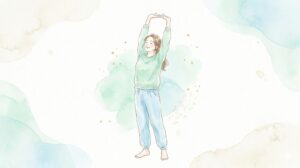 両腕を上げて全身を伸ばすストレッチの様子（水彩イラスト）