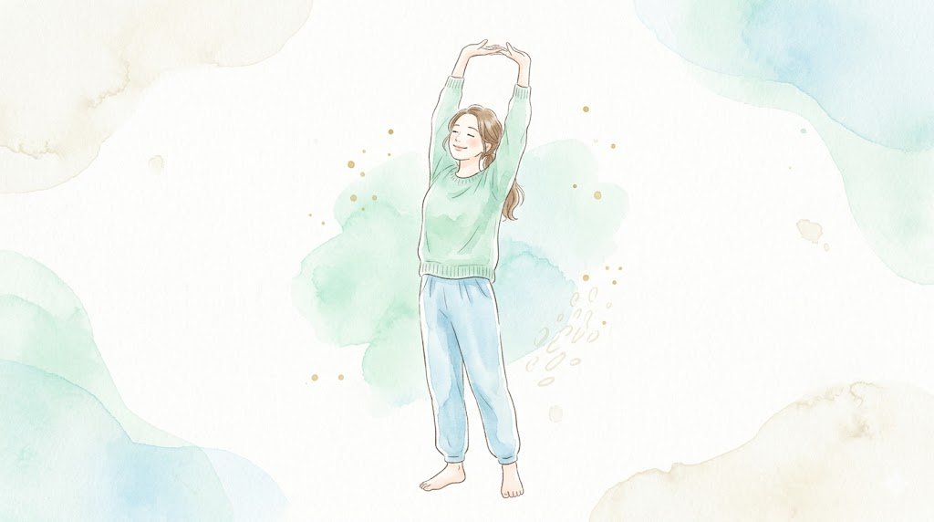 両腕を上げて全身を伸ばすストレッチの様子（水彩イラスト）