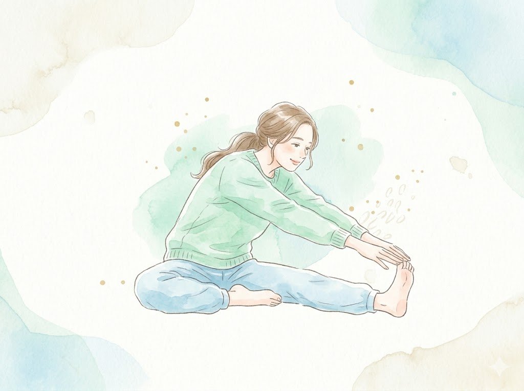 床に座って片脚を伸ばし、つま先へ手を伸ばす静的ストレッチのイラスト