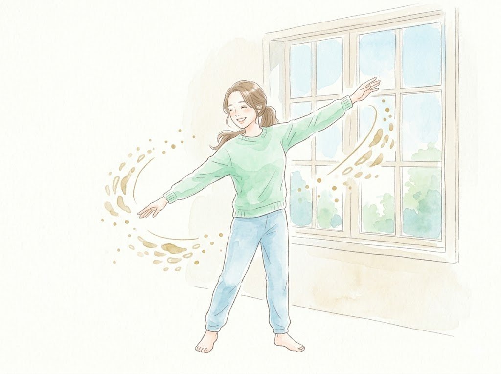 朝、窓辺で腕を回して身体を動かす動的ストレッチのイラスト