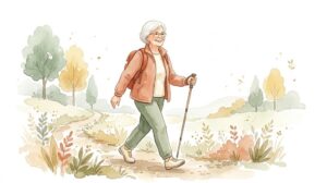 屋外を元気に歩くシニアの様子（水彩イラスト）