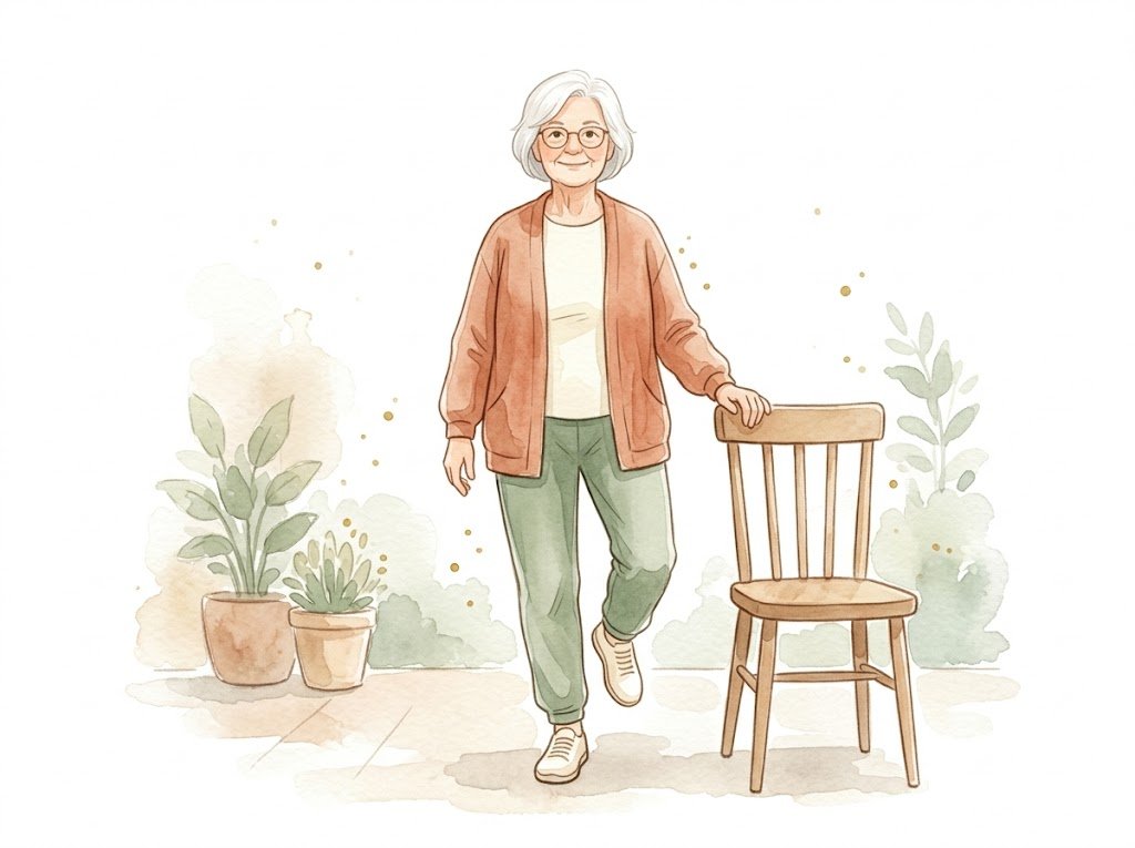 イスに手を添えて片脚立ちをするバランス運動のイラスト