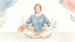 床に足を組んで座る様子（水彩イラスト）