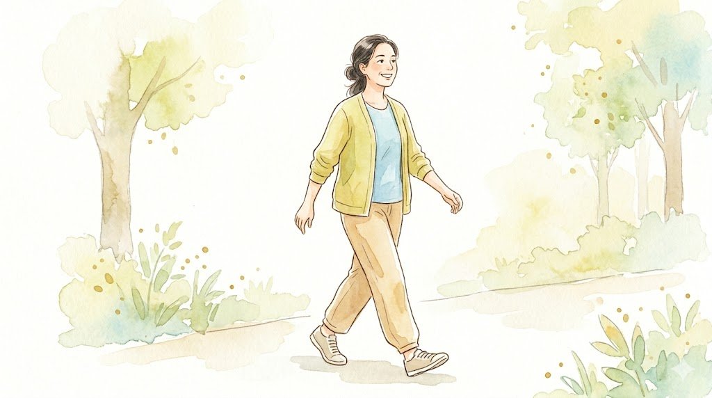 屋外を気持ちよく歩く様子（水彩イラスト）