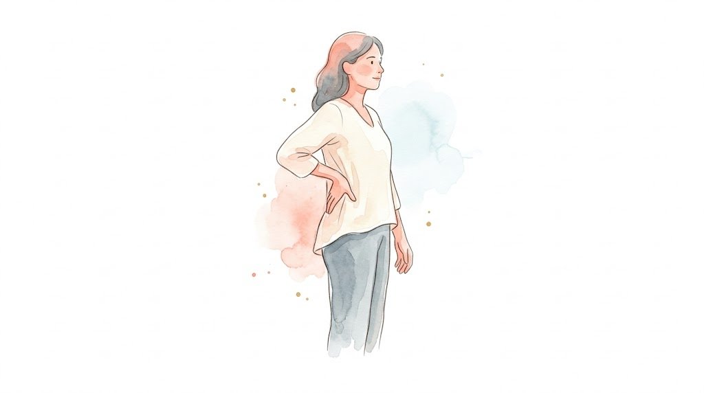 横向きで腰に手を当てて立つ様子（水彩イラスト）