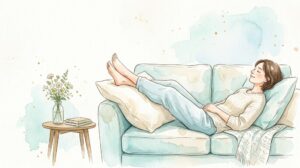 ソファで足をクッションに上げて休む様子（水彩イラスト）