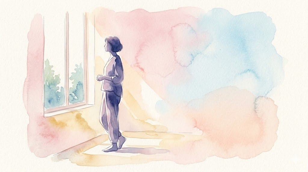朝の光と良い姿勢の水彩イラスト