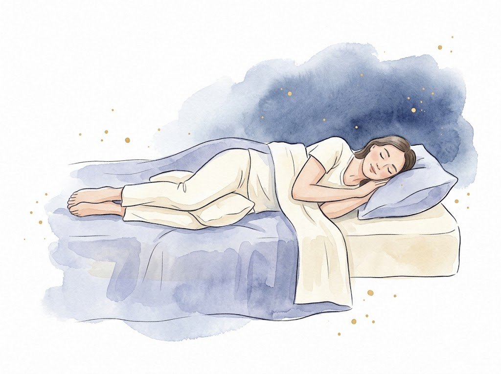 枕の高さが合い首と背骨が一直線になる横向き寝のイラスト