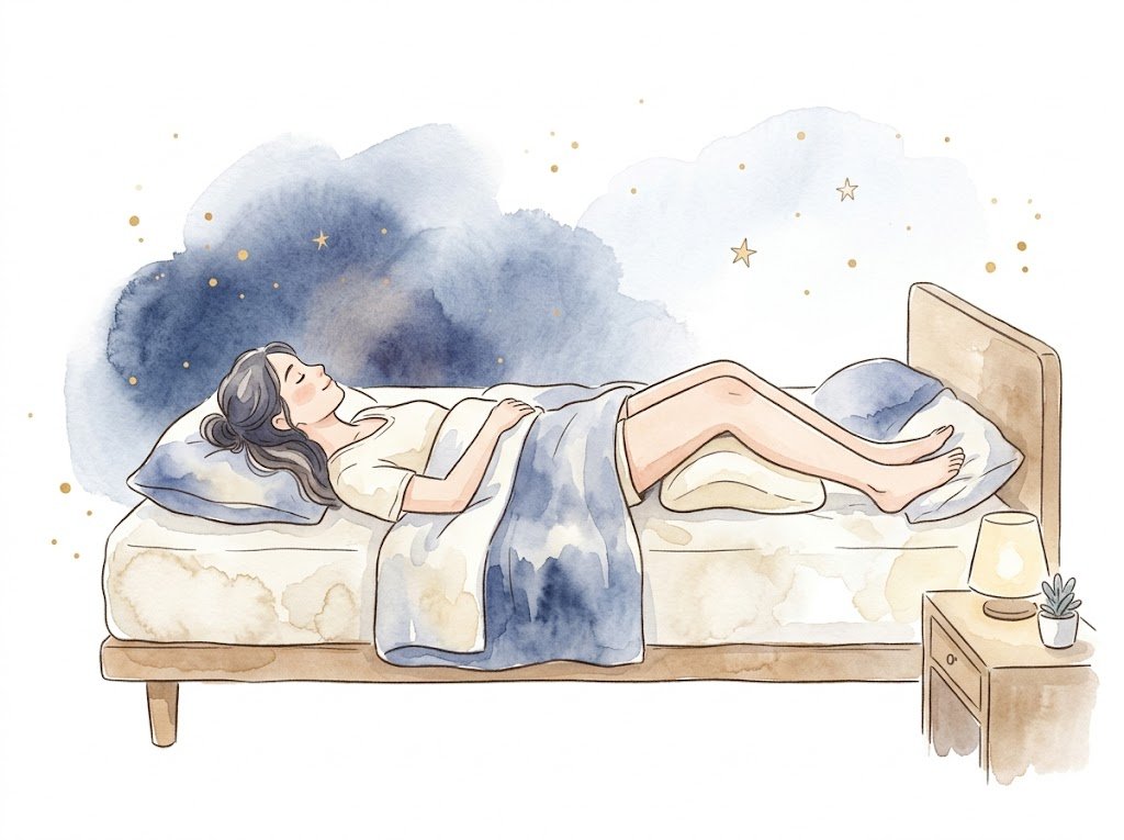 あおむけ寝でひざ下にクッションを入れたイラスト