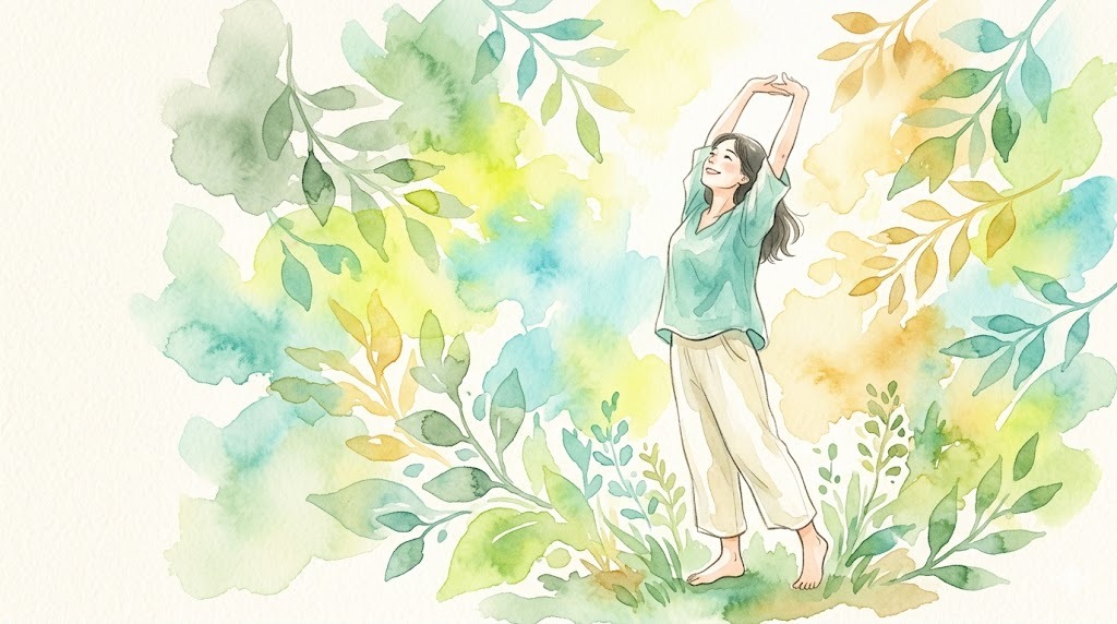 自然の中でストレッチする水彩イラスト