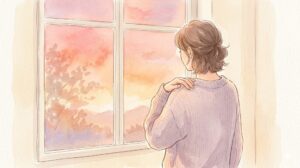 夕暮れの窓辺で肩に手を当てる水彩イラスト