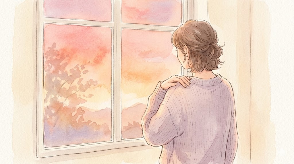 夕暮れの窓辺で肩に手を当てる水彩イラスト