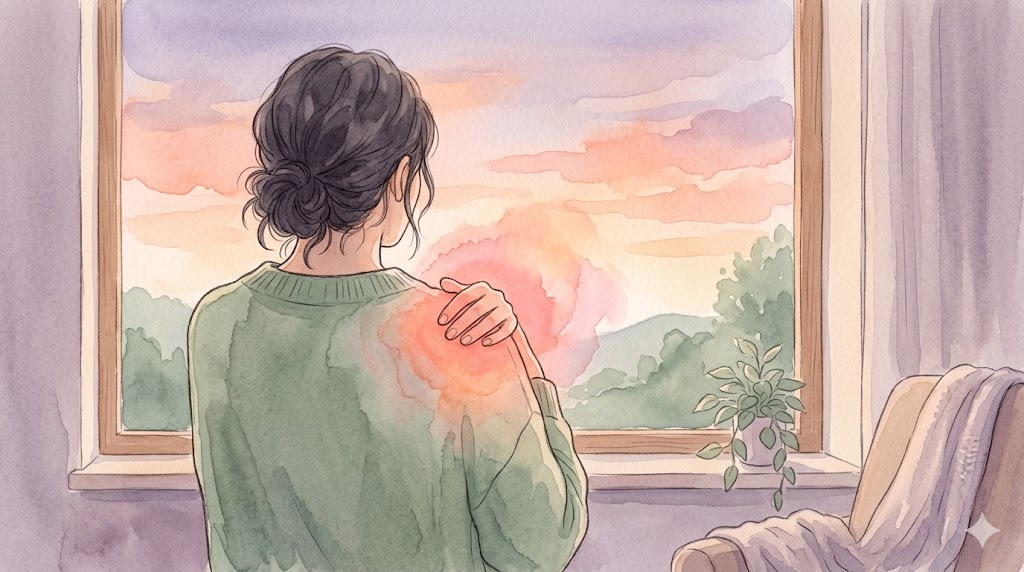 夕暮れの窓辺で自分の肩にそっと手を当てる女性の水彩イラスト