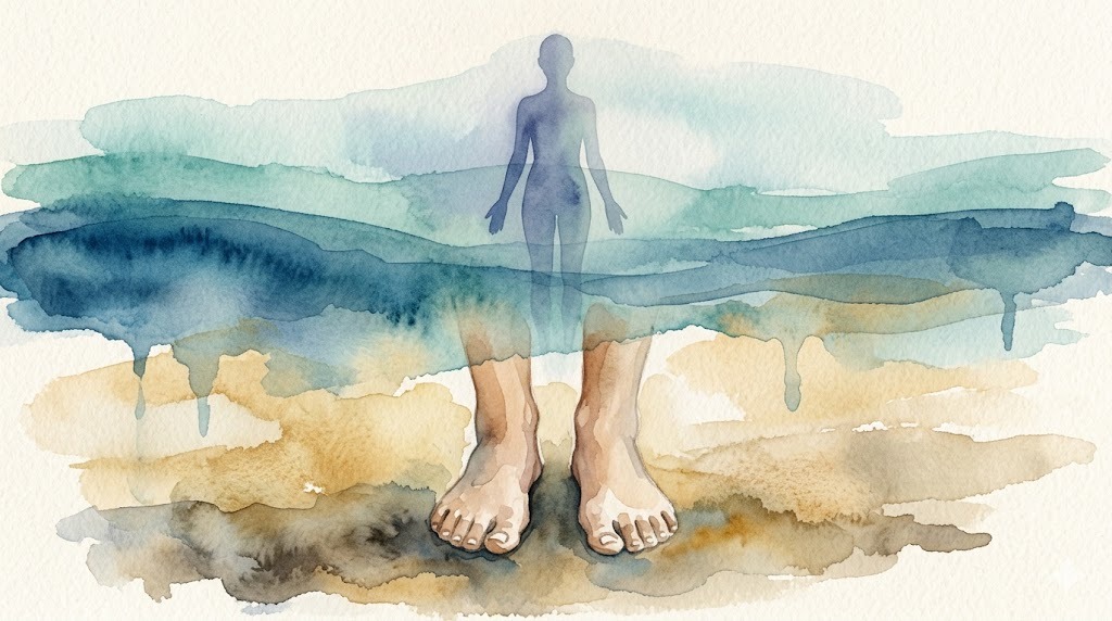 足元と海と空の土台メタファー水彩イラスト