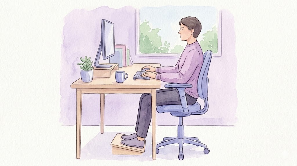 正しい座位の3つの90度(膝・股関節・足首)を示す水彩イラスト