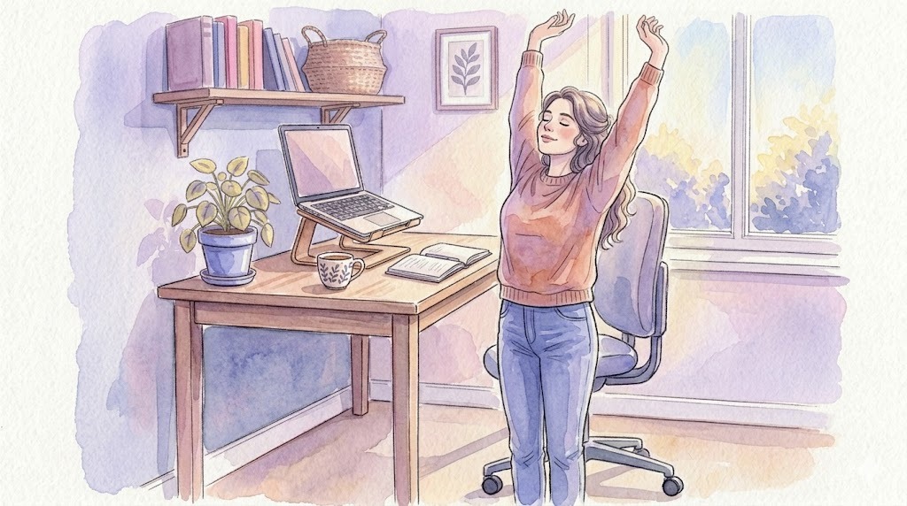 立ち上がって伸びをして深呼吸する女性の水彩イラスト