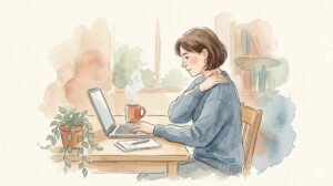 デスクワーク中に肩を揉む人の水彩イラスト