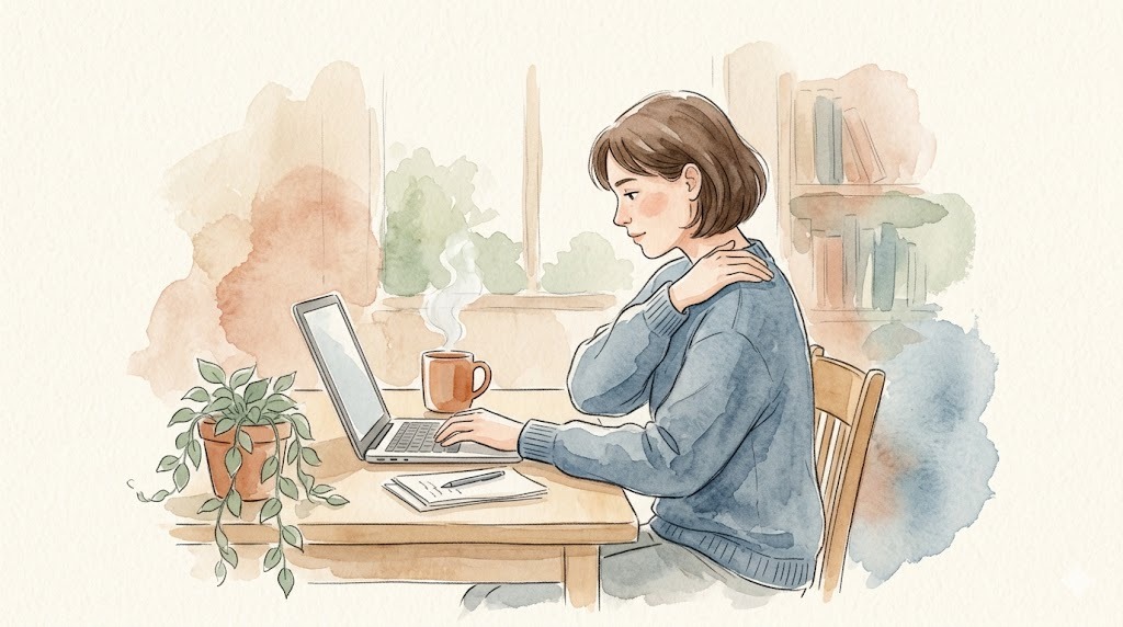 デスクワーク中に肩を揉む人の水彩イラスト