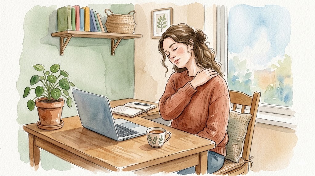 デスクで首や肩を回すストレッチをする女性の水彩イラスト