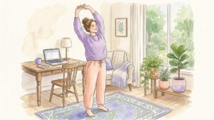 リビングで腕を伸ばすストレッチをする女性の水彩イラスト
