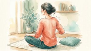 肩を回してほぐす女性の水彩イラスト