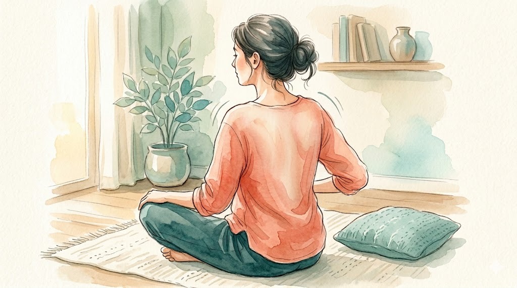 肩を回してほぐす女性の水彩イラスト