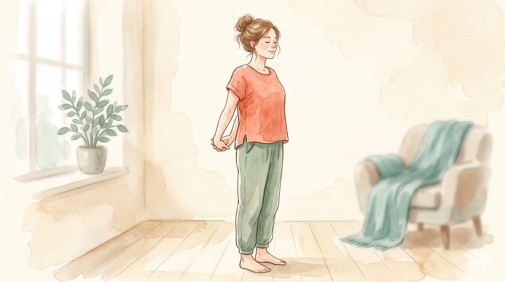 両手を後ろで組み胸を開くストレッチをする女性の水彩イラスト