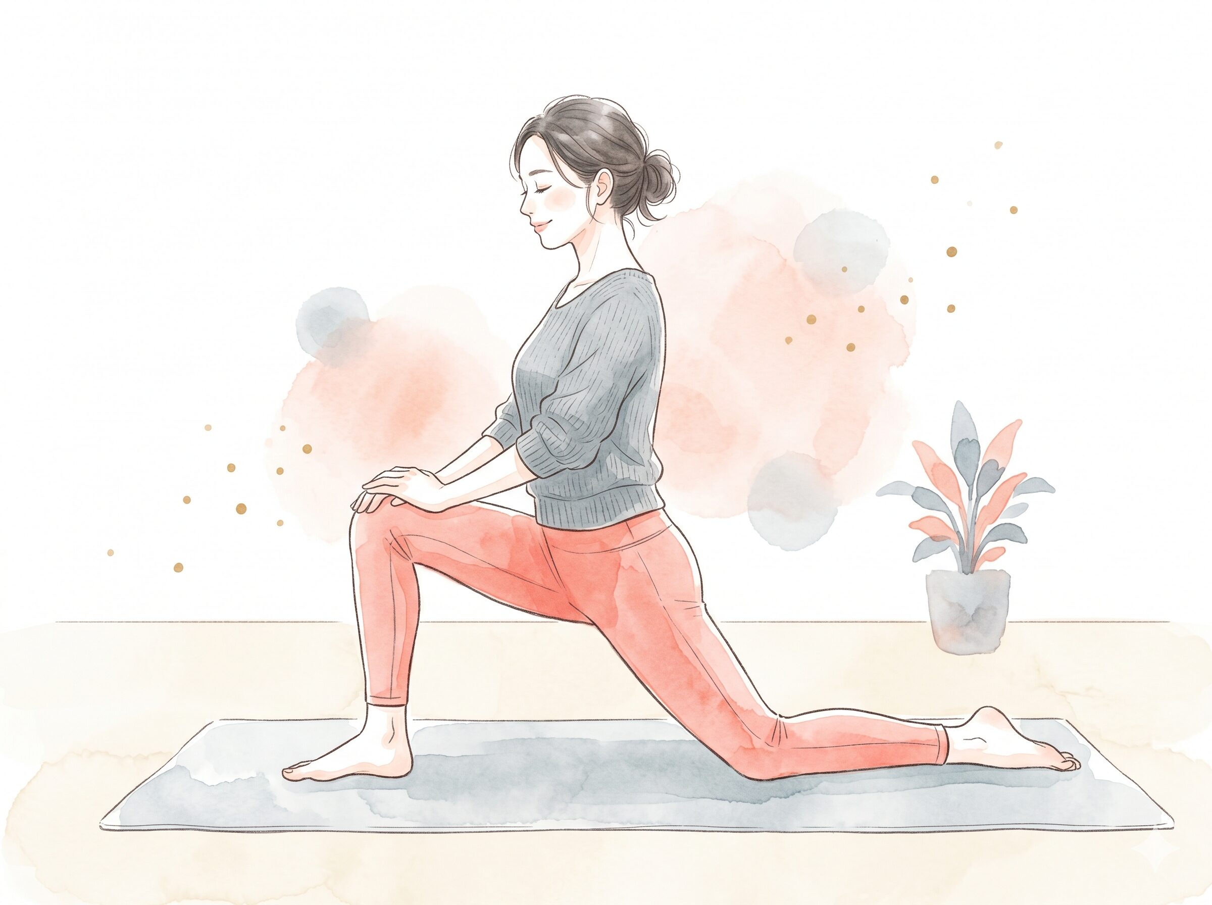 片膝立ちで後ろ脚の太もも前と股関節の前を伸ばすストレッチのイラスト