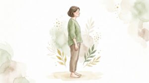 デスクワーク中に肩を後ろに開いてリセットする様子(水彩イラスト)