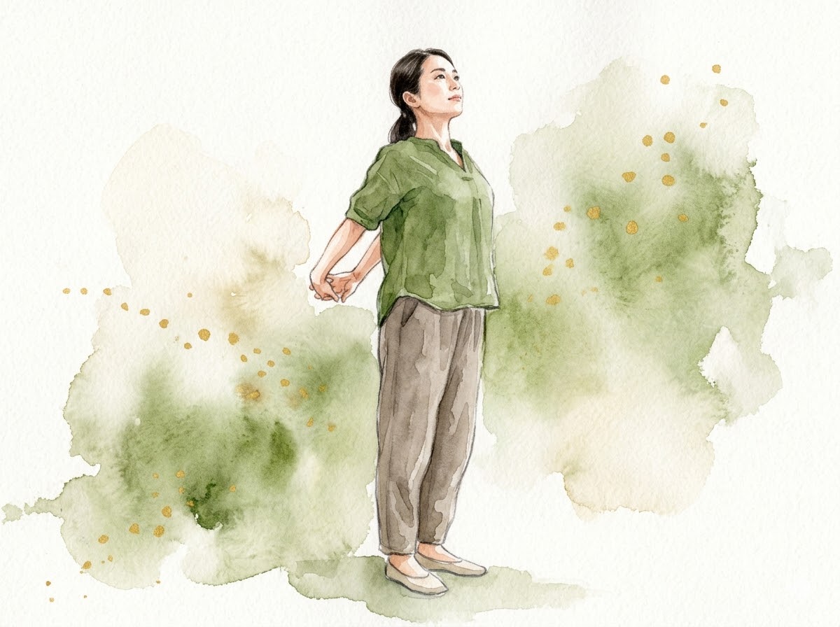 両手を背中で組み肩を後ろへ引いて胸を開くストレッチの水彩イラスト