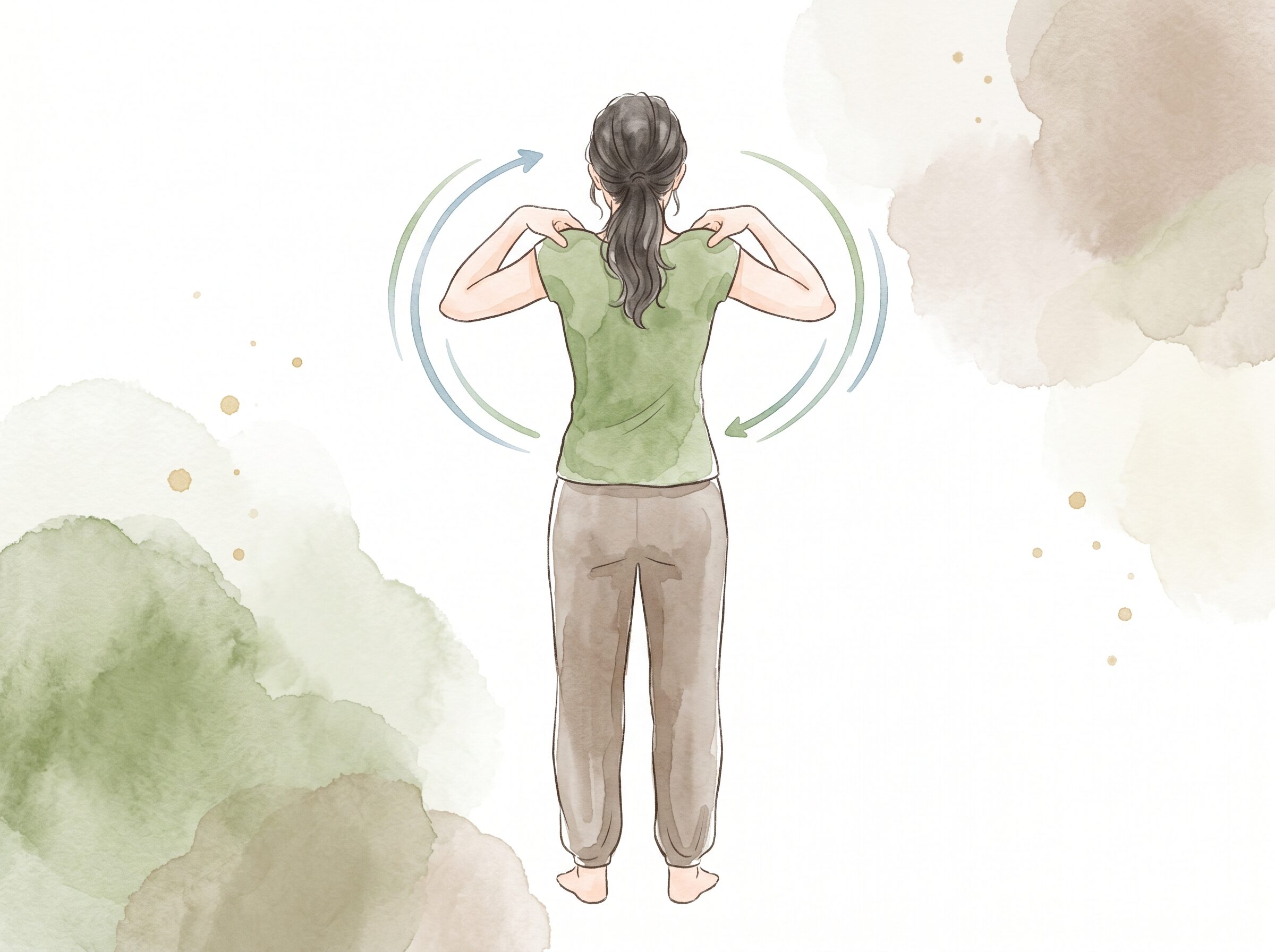 後ろ姿で両手を肩に添え、肩甲骨を大きく回すエクササイズの水彩イラスト