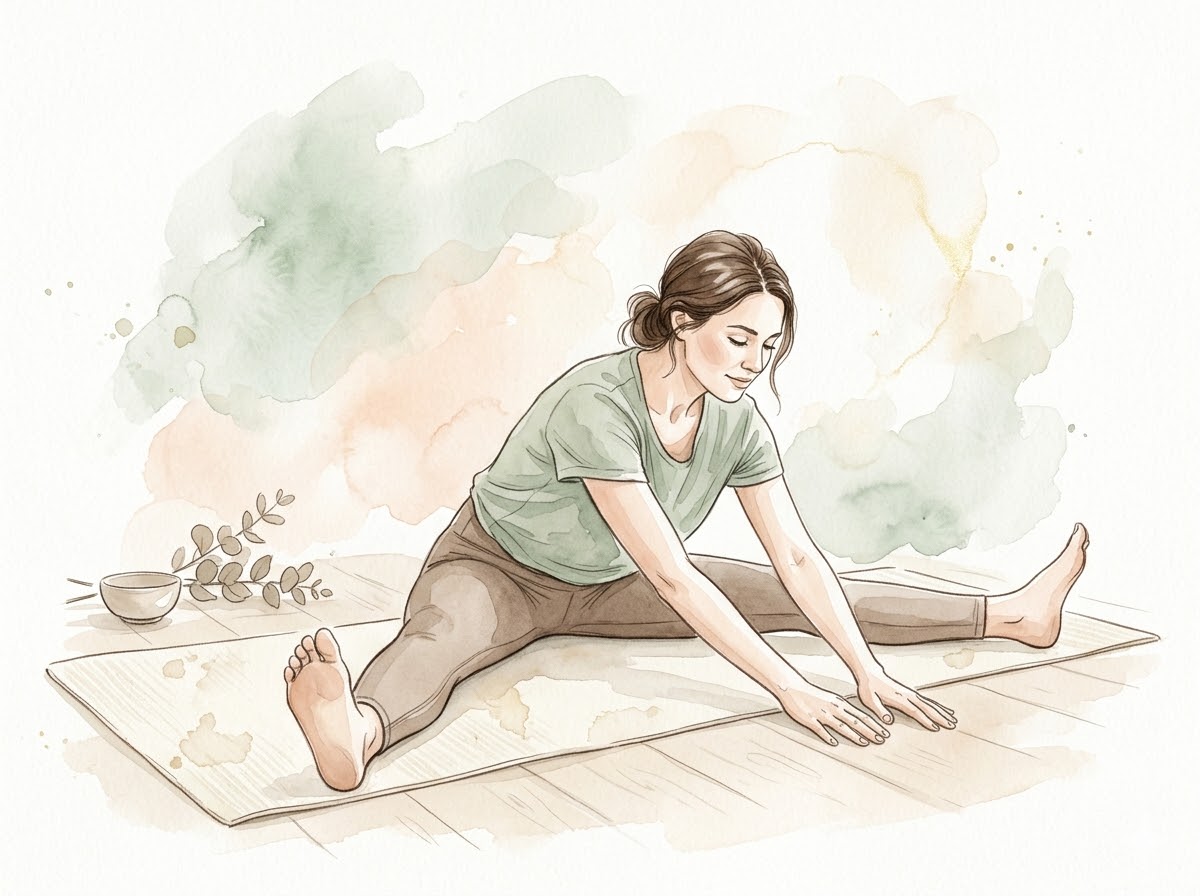 床に開脚で座り前に倒れて内ももを伸ばす水彩イラスト