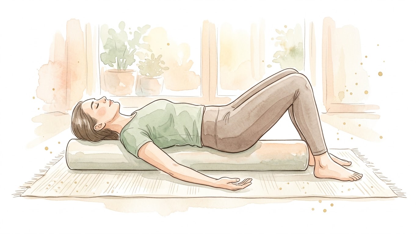 ストレッチポールに背骨を沿わせてあおむけになる基本姿勢の水彩イラスト
