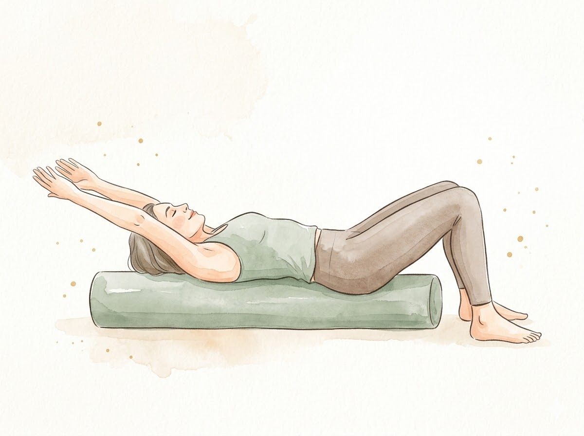 ストレッチポールにあおむけで両腕を頭上に伸ばして胸を開く水彩イラスト