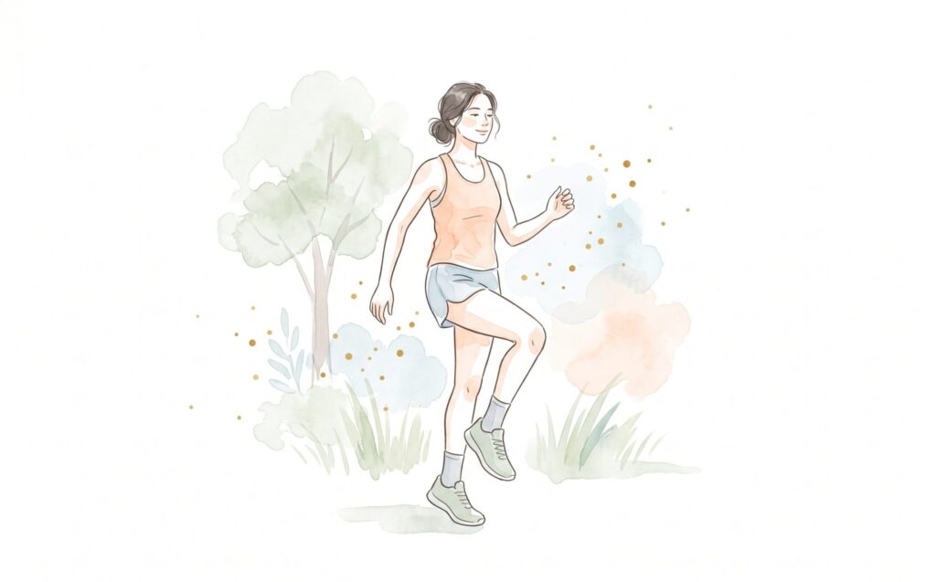 屋外で軽くウォーミングアップをする女性の水彩イラスト