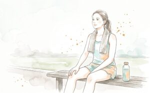 ベンチで休憩しながら身体の調子を確かめるスポーツ選手の水彩イラスト