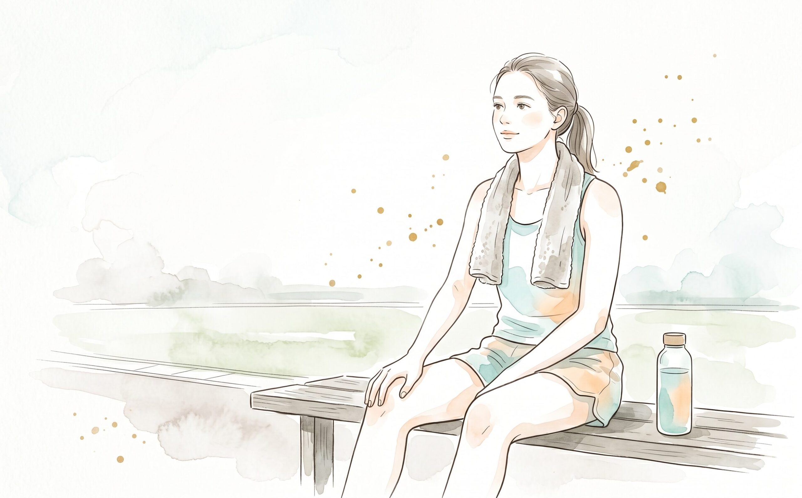 ベンチで休憩しながら身体の調子を確かめるスポーツ選手の水彩イラスト