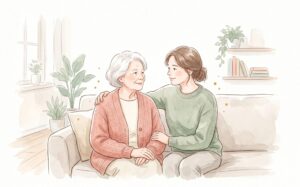 高齢の母と娘が明るい居室で安心して過ごす水彩イラスト