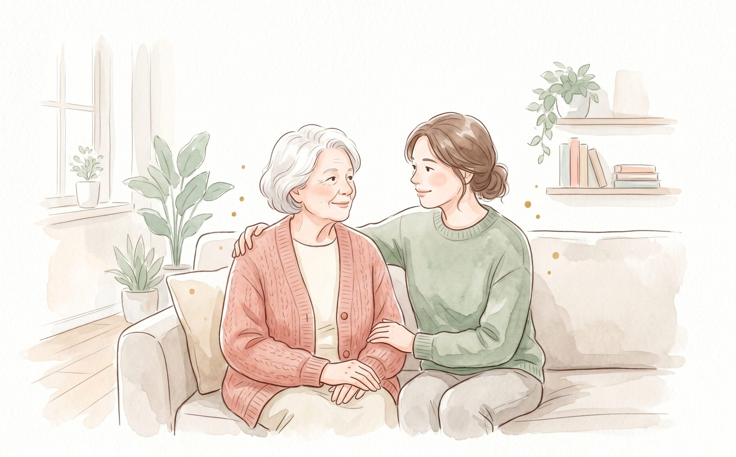 高齢の母と娘が明るい居室で安心して過ごす水彩イラスト