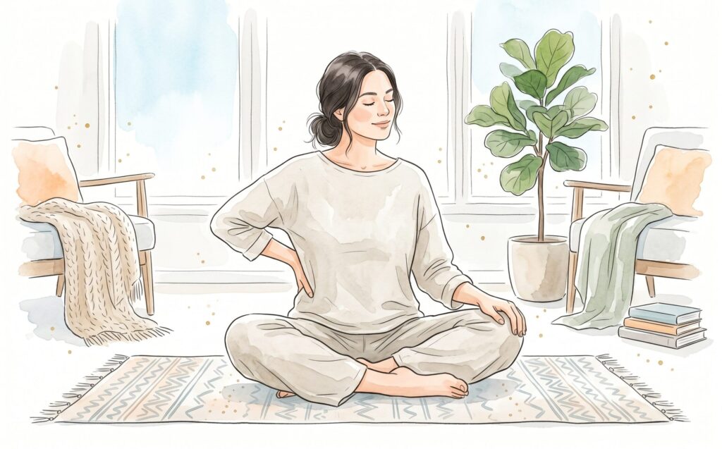 明るい部屋でマットに座り穏やかにセルフケアする女性の水彩イラスト