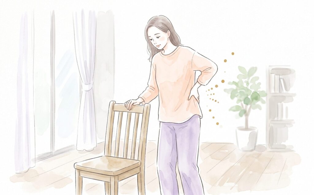 腰に手を当て椅子につかまり慎重に動く女性の水彩イラスト
