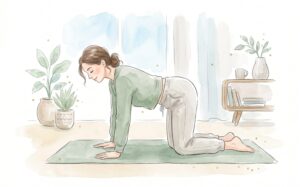 マットの上で腰にやさしい運動を行う女性の水彩イラスト