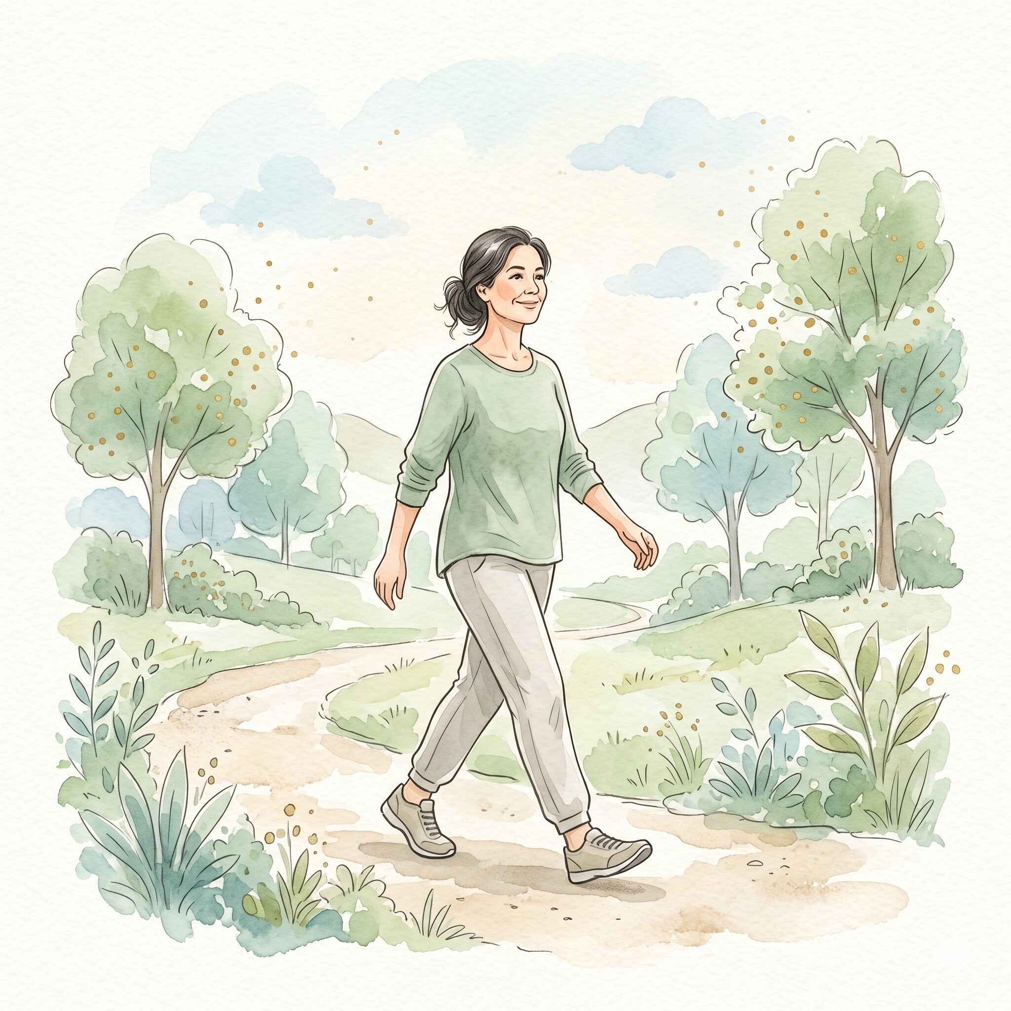 背すじを伸ばして公園を歩く女性