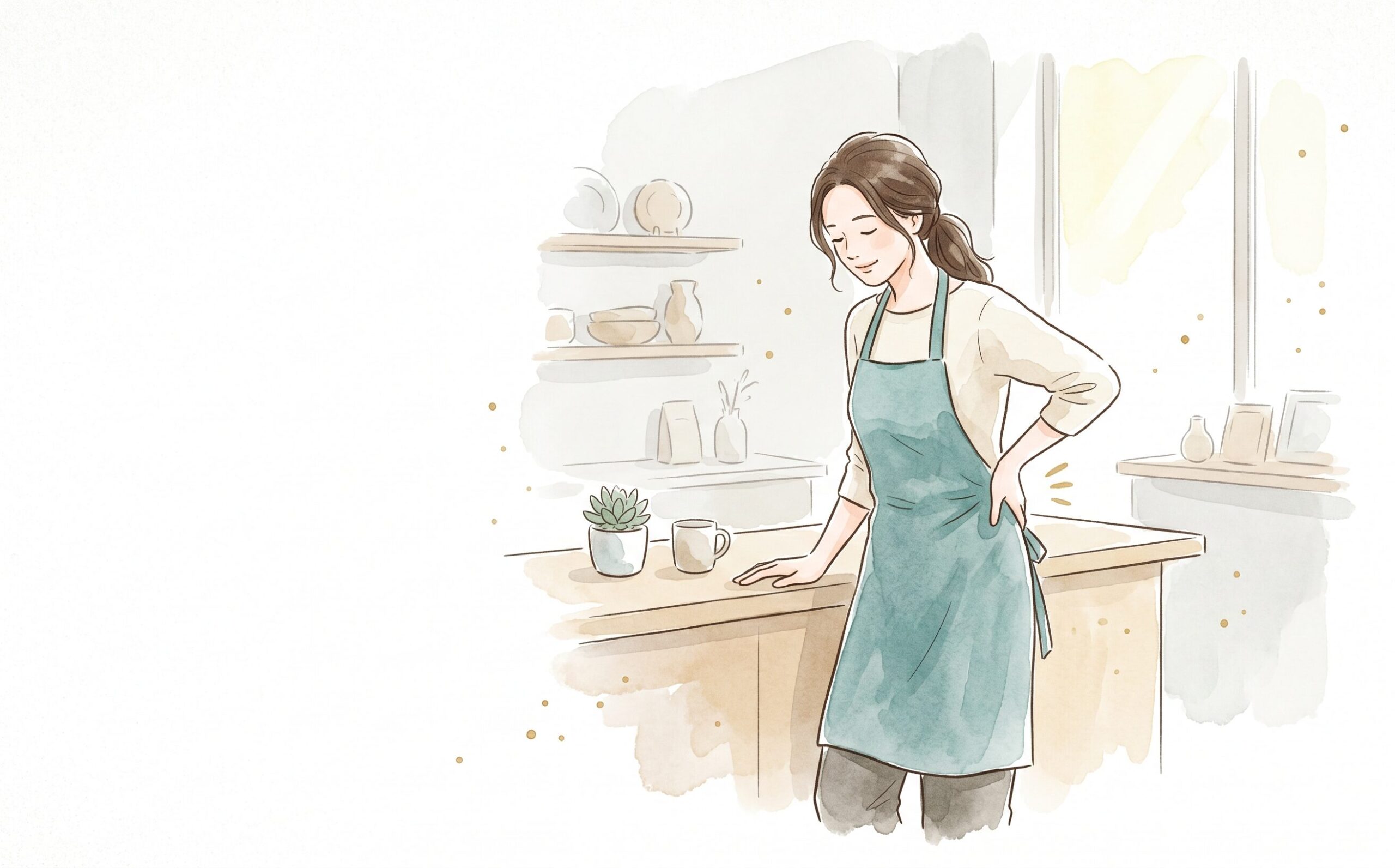 立ち仕事の合間に腰に手を当てて休む女性の水彩イラスト